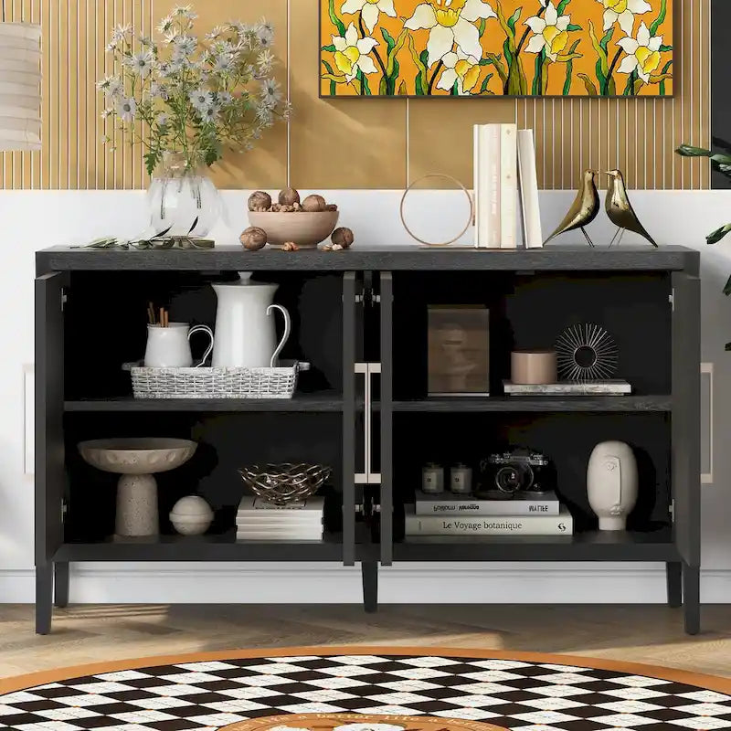 Buffet moderne à 4 portes avec pieds en bois massif, 60 po
