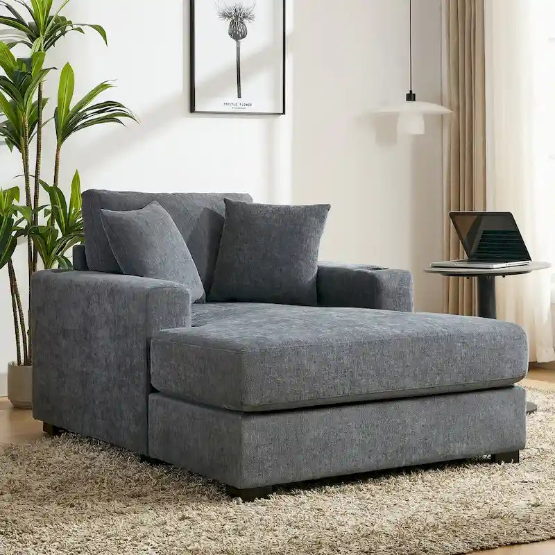 43,5 Canapé-méridienne en tissu chenille avec oreillers, station de charge et porte-gobelets